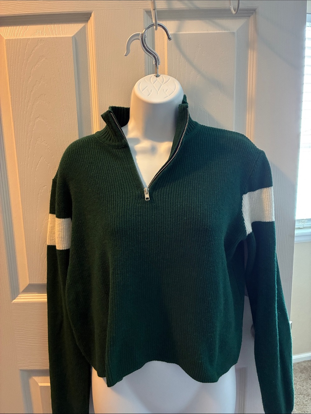 Brandy Melville Dark Green Cropped Half-Zip Sweater with White Arm Stripes